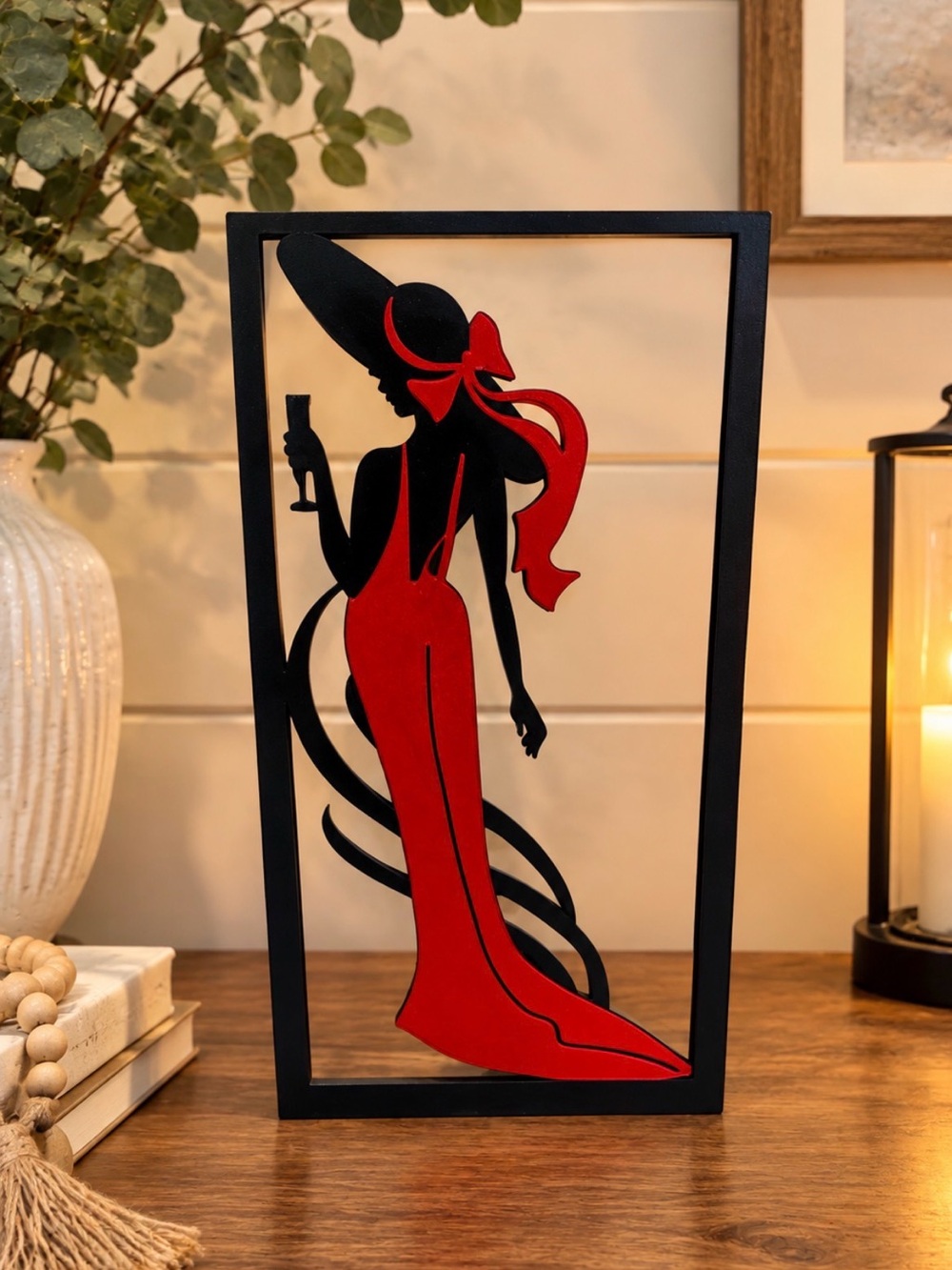 Elegant Red & Black Lady Silhouette Wall Art